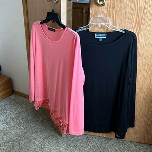 Lot of two  blouses. One is black with lace at the bottom. One is coral.